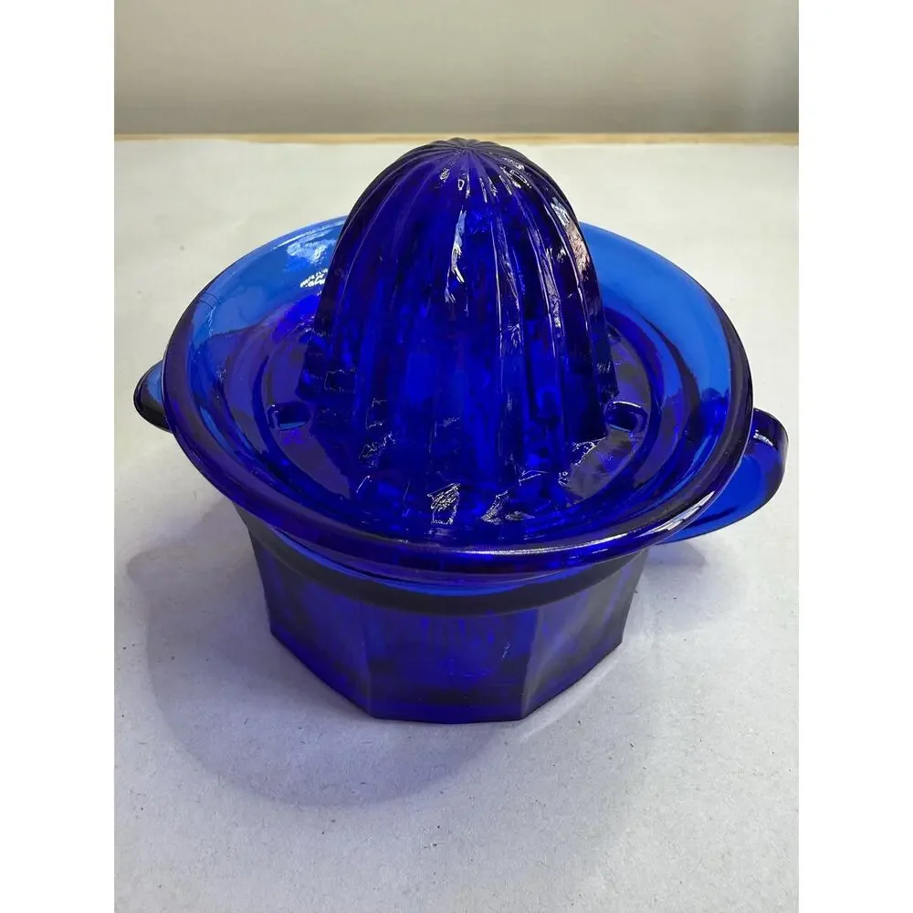 Vintage Cobalt Blue Glass Citrus Juicer, Reamer Set, Starburst Base, Kitchen